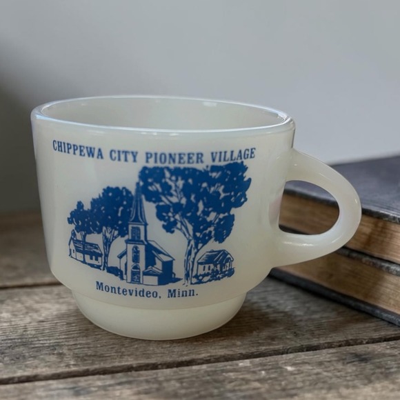 Fire-King Other - Vintage Fire King Milk Glass Mug Chippewa City Pioneer Village Montevideo Minn